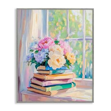 Imagem de Stupell Industries Pastel Floral Book Stack Gray Framed Giclee Art, design by Arlington Prints, 14 x 11