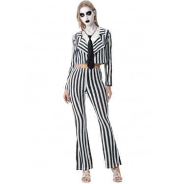Imagem de IFFEI Blazer preto e branco para mulheres, terno de risca de risca, roupas femininas pretas e brancas listradas, fantasia de halloween, Preto e branco, XXG