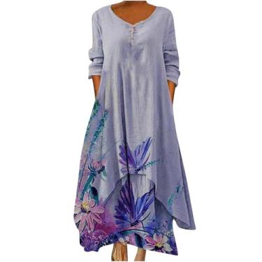 Imagem de Vestido feminino casual estampado floral com decote em O manga comprid