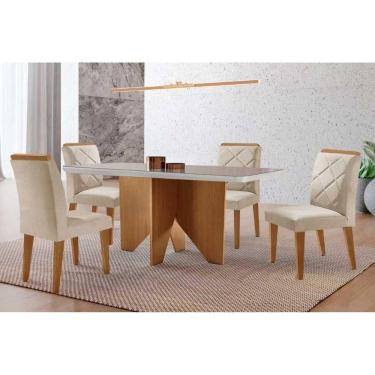 Imagem de Conjunto Sala de Jantar Nevada c/ Tampo Madeirado c/ Vidro Canto Curvo 120x80cm e 4 Cadeiras Pietá Madeira Maciça Naturale/Off White - Capuccino/Suede