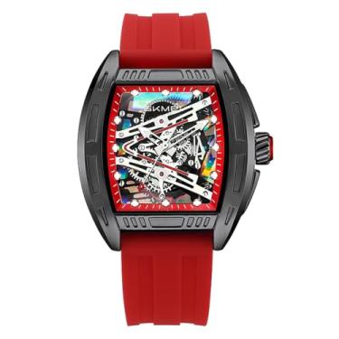Imagem de SKMEI Relógio de pulso masculino analógico com esqueleto de quartzo luminoso à prova d'água à prova d'água, Preto, vermelho