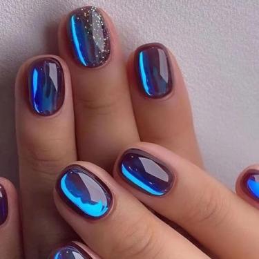 Imagem de Prego de pressão azul aurora, cabeça redonda curta com azul galáxia e pó brilhante, revestido com unhas de acrílico destacáveis brilhantes, adequado para arte de unhas femininas e meninas, 24 peças
