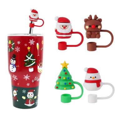 Imagem de Avky 4 peças de tampa de palha de Natal para copo Stanley, acessórios Stanley de 10 mm 1 cm, tampa de palha de Natal com copo de 30 e 1,134 g com alça e tampas reutilizáveis à prova de poeira para
