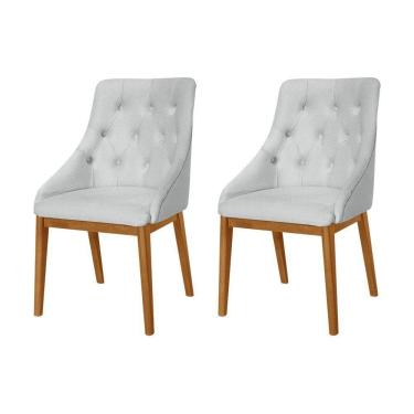 Imagem de Kit 2 Cadeiras De Jantar Luxo Estofada Elisa Anatômica Capitonê Linho Cinza Base Madeira Maciça Mel