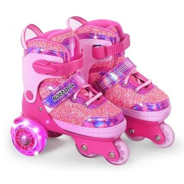 Imagem de Nattork Patins infantis, 4 tamanhos ajustáveis, patins de três rodas para meninas de 3 a 7 anos com rodas divertidas e proteção de segurança - presente de aniversário para esportes internos e externos