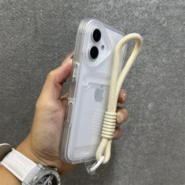 Imagem de Capa tipo carteira transparente de luxo com compartimento para cartão para iPhone 16, 15, 14 Plus, 12, 11, 13 Pro Max, alça de pulso de silicone macio, capa de corda de mão, transparente, para iPhon