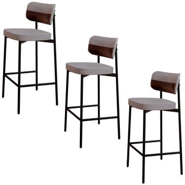Imagem de Banqueta Alta Bar Estofada Kit 3 Ella M25 Linho Cinza Cl-café - Mpozenato