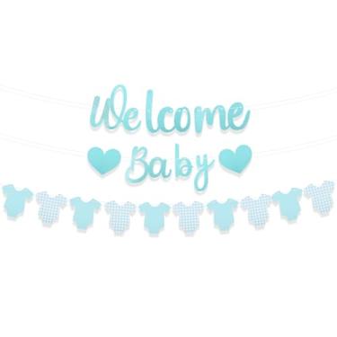 Imagem de Conjunto de 3 Peças Banner Azul Boas-Vindas para Bebé, Com Body e Bandeirola Pré-Montados com Glitter Azul para Decoração Chá de Bebé