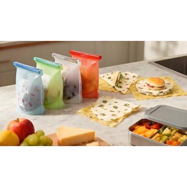 Imagem de Conjunto de 7 sacos reutilizáveis de silicone para armazenamento de alimentos e envoltórios de cera de abelha – à prova de vazamento, seguro para freezer e lava-louças, alternativa sem resíduos sem