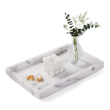 Imagem de Homaura Bandeja de banheiro de mármore para bancada e decoração de casa, bandeja de mármore decorativa natural para organizador de joias e perfumes, bandejas de luxo de pedra para cômoda, balcão de