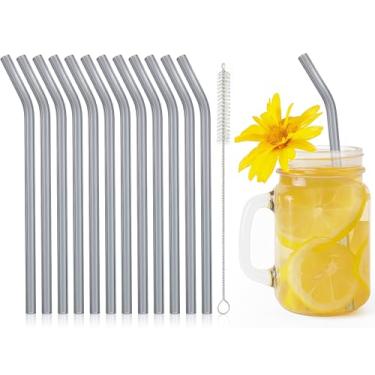 Imagem de 12 canudos de vidro reutilizáveis de 20 x 8 mm com escova de limpeza para chá, smoothies, milkshakes, sucos, bebidas (cinza esfumaçado)