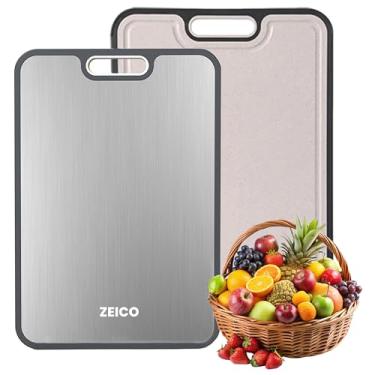 Imagem de ZEICO Tábua de corte de aço inoxidável – Tábua de cortar dupla face – fácil de limpar, pode ser lavada na lava-louças – ideal para cozinha, churrasco, acampamento e uso ao ar livre – 39 x 26 polegadas