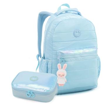 Imagem de Kit Material Escolar Mochila Estojo Holográfico Chaveiro Coelhinho Azul Menino Menina Volta as Aulas