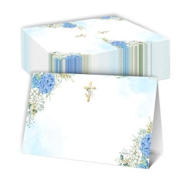 Imagem de DRWJPAT Cartões de batismo, cartão de visita de hortênsia azul para mesa, 25 cartões de mesa religiosos para jantar de batismo de primeira comunhão, decorações de presentes de batismo para meninas e