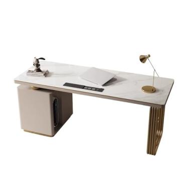 Imagem de Mesa de trabalho Estação de trabalho moderna para PC com armário armazenamento, portas USB e tomadas carregamento, escrivaninha reversível para estudo(M)