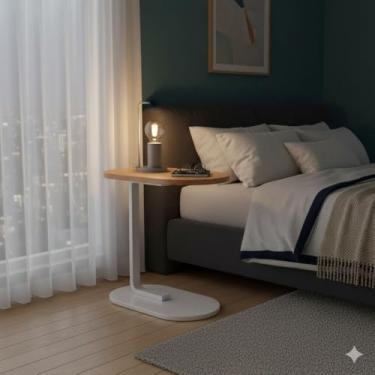 Imagem de Mesa Lateral Moderna com Tampo Oval de Madeira e Pés Metálicos – Versátil para Decoração (Bege)