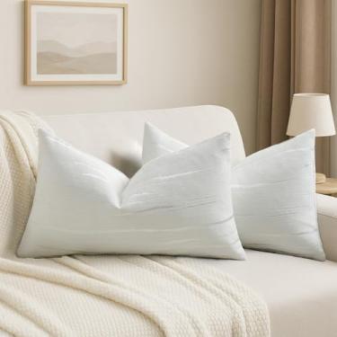 Imagem de HAUSSY Conjunto de 2 capas de almofada brancas 30,5 x 50,8 cm, fronhas decorativas lombares texturizadas listradas boho macias de chenille, decoração de casa moderna para sofá-cama sala de estar