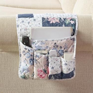 Imagem de Brilliant Sunshine Organizador de 5 bolsos para poltrona reclinável antiderrapante, suporte lavável para controles remotos, armazenamento para revista, telefone, 88 x 33 cm, índigo vintage