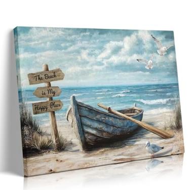 Imagem de BHSUUHIT Arte de parede de barco náutico na praia, pintura costeira, decoração de parede, oceano, gaivota, paisagem marítima, pássaro, fazenda, impressões, imagens para litoral, banheiro, quarto, sala