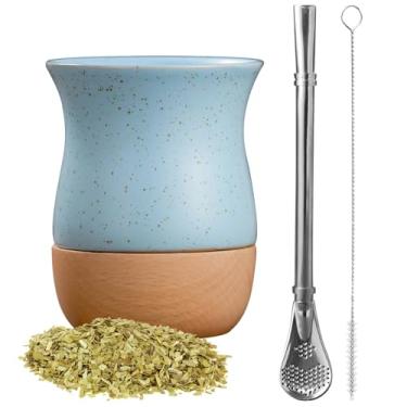 Imagem de Elegante conjunto de copos de erva mate, cuia de cerâmica com base de madeira e bomba de aço inoxidável, capacidade de 250 ml, design azul elegante, perfeito para amantes de chá em casa,