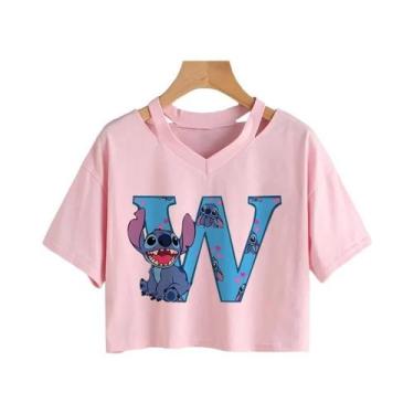 Imagem de Camiseta Cropped Rosa com Decote V - Lilo & Stitch - Moda Casual para 