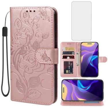 Imagem de Vavies Capa para iPhone 17 Pro Max/capa carteira para Apple 17 Pro Max com protetor de tela de vidro temperado, flor de couro flip porta-cartão de crédito suporte para iPhone 17 Pro Max ouro rosa