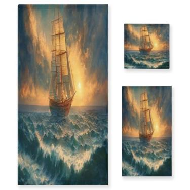 Imagem de Blueangle Conjunto de toalhas de pintura a óleo de navio à vela - 3 peças de toalhas de banheiro absorventes macias para spa e decoração de casa (inclui banho, toalha de mão e toalha) #155