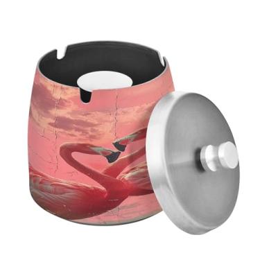 Imagem de Blueangle Cinzeiro de flamingos rosa com tampa para cigarros, à prova de vento/chuva, aço inoxidável, sem fumaça, inodoro, cinzeiro para uso interno ou externo (427)