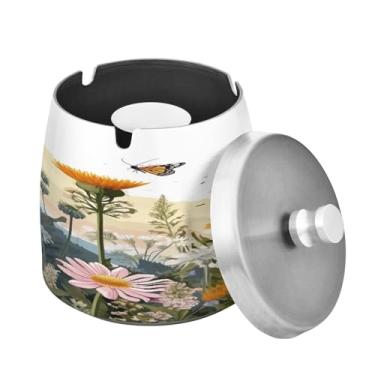 Imagem de Blueangle Cinzeiro de borboleta Wildflowers com tampa para cigarros, à prova de vento/à prova de chuva, aço inoxidável, sem fumaça, inodoro, cinzeiro para uso interno ou externo (437)