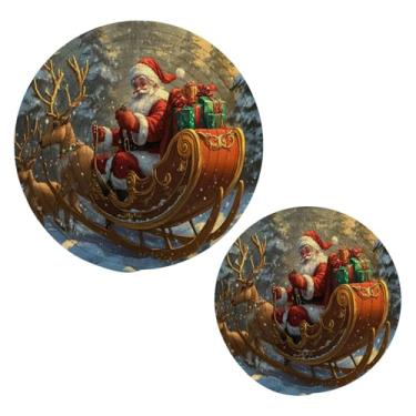 Imagem de Blueangle 2 peças de suporte de panela de trivet de rena de Papai Noel - conjunto de pegadores de panela de tecido redondo - almofadas quentes trançadas de algodão - porta-copos - tapetes de mesa para