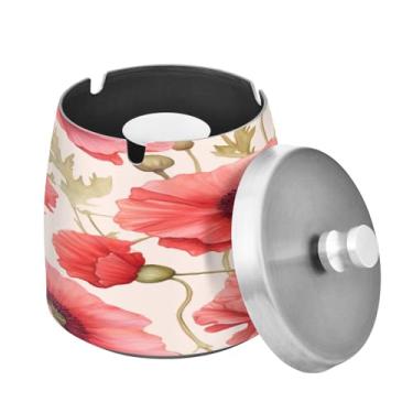 Imagem de Blueangle Cinzeiro de flor de papoula rosa com tampa para cigarros, à prova de vento/à prova de chuva, aço inoxidável, sem fumaça, inodoro, cinzeiro para uso interno ou externo (192)