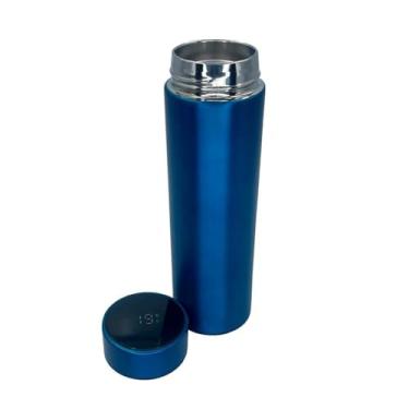 Imagem de Garrafa Térmica com Termômetro Digital, 500ml, Aço Inox, Azul, Portátil, 22.5cm Altura, Mantém Temperatura 24 Horas, com Cestinha de Infusão