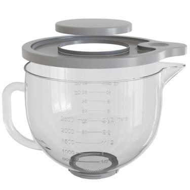 Imagem de Tigela de vidro compatível com batedeiras de suporte de cabeça inclinada KitchenAid de 4,5 e 5 litros - inclui tampa, marcações de medição e tampa de bico - seguro para lava-louças, micro-ondas e