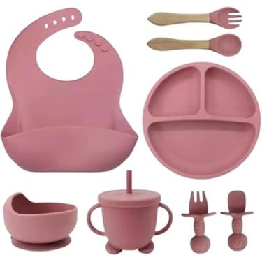 Imagem de Kit Introdução Alimentar 8 Peças, Conjunto de Silicone com Prato Divisória, Babador, Copo com Alça, Tigela com Ventosa, Talheres (Cores Variadas) (ROSA QUEIMADO)