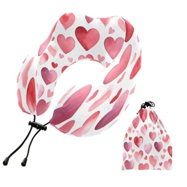 Imagem de CEBUGI Travesseiros de viagem portáteis em forma de U, travesseiro de pescoço de espuma viscoelástica com trava de corda ajustável para avião, viagem, trem, negócios, escritório, cochilo (corações)