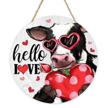 Imagem de Bolisom Placa de porta da frente de vaca para o dia dos namorados, Hello Love, corações vermelhos, cabide de madeira para uso externo, varanda, decoração de casa, guirlanda de madeira rústica para