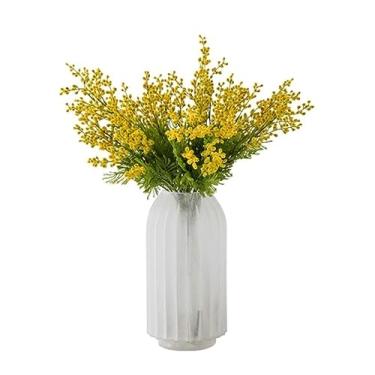 Imagem de LMJYU Flores artificiais, flores falsas, artificiais, amarelas, acácia, mimosa, pelúcia, seda, flor, conjunto de vaso de flores falsas, decoração de mesa para festa de casamento