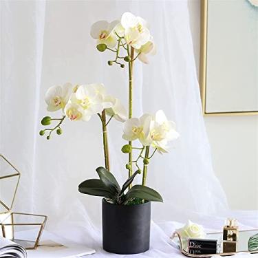 Imagem de LMJYU Flor artificial com vaso orquídea flores artificiais com vaso de pano de seda Phalaenopsis plantas artificiais em vaso de flores falsas para casa (vaso branco e preto) (vaso branco e preto)