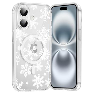 Imagem de RUMDEY Capa de telefone Merry Christmas Floco de neve para iPhone 16 Plus, capa magnética transparente de Natal de 6,7 polegadas, compatível com Magsafe, capa com design de padrão de inverno fofo à