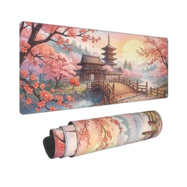 Imagem de DingRound Mouse pad estendido para jogos (70 x 30 cm) - Mouse pad grande antiderrapante para esportes e laptop - Base de borracha impermeável com bordas costuradas (pôr do sol Sakura)