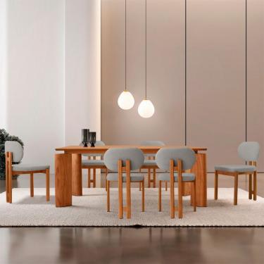 Imagem de Mesa de Jantar Retangular com Tampo Laminado e 6 Cadeiras Aimê Linho Cinza Claro e Imbuia Natural