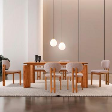 Imagem de Mesa de Jantar Retangular com Tampo Laminado e 6 Cadeiras Aimê Linho Bege e Imbuia Natural