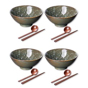 Imagem de Conjunto de 4 tigelas grandes de ramen japonês, tigelas de ramen de cerâmica de segurança de material com pauzinhos e colheres combinando, tigelas de 20 cm de 1,134 g, tigela de macarrão ramen para