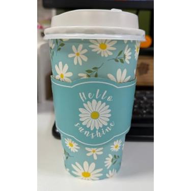 Imagem de Whaline 50 peças de copos de café descartáveis de margarida de 473 ml com tampas e mangas copo de papel floral azul branco para primavera, verão, casamento, festa de aniversário
