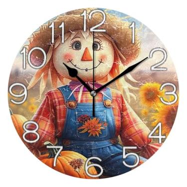 Imagem de GAIGEO Relógio de parede analógico decorativo estético silencioso sem tique-taque relógio de sala de aula, relógio de escritório, arte de parede moderna legal decoração de casa espantalho palha outono