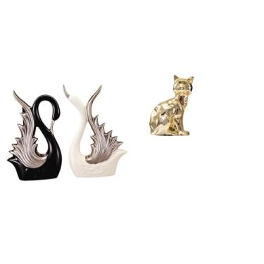 Imagem de Whtkoph Estatuetas de Cisne-gato, Escultura de Animal em Cerâmica, Coleção para Mesa, Ornamento de Prateleira, Aniversário, Lareira, Arte, Artesanato, Estátua
