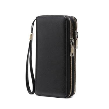 Imagem de Carteira feminina com bloqueio de RFID – Bolsa clutch de couro com zíper de grande capacidade com compartimentos para cartões e suporte para telefone, Preto, Clássicos