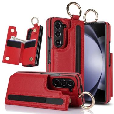 Imagem de Capa carteira para Samsung Galaxy Z Fold 7 com suporte para cartão, compartimento para caneta e suporte de anel, capa de telefone resistente com fecho magnético de couro dobrável (vermelha)