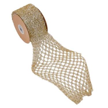 Imagem de letsinstyle Fita de malha metálica extensível de 5 metros, fitas de arame com glitter de 6 a 16 cm, fita de malha decorativa de Natal dourada para grinalda de árvore, laço de embrulho de presente
