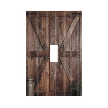 Imagem de TYIGBXFYO Capa de interruptor de luz decorativa rústica de madeira marrom com estampa de porta de celeiro country 1 gangue único interruptor de luz decorativa placas elétricas de parede receptáculo